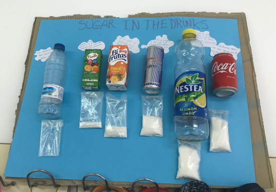 Cartel mostrando las cantidades de azúcar de diversas bebidas